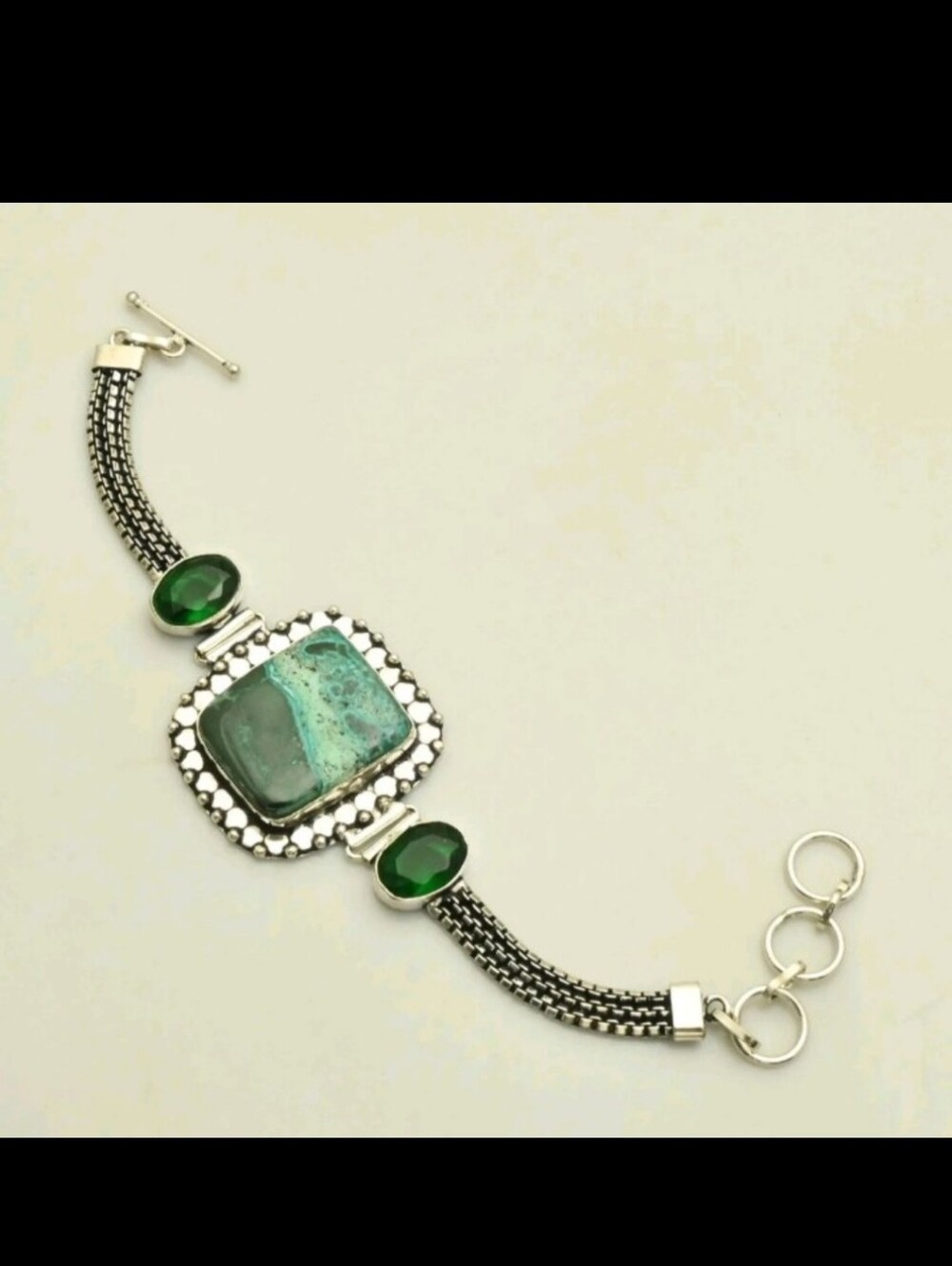 Handcrafted Azurite in Malachite & Green Quartz Gemstone Silver Bracelet